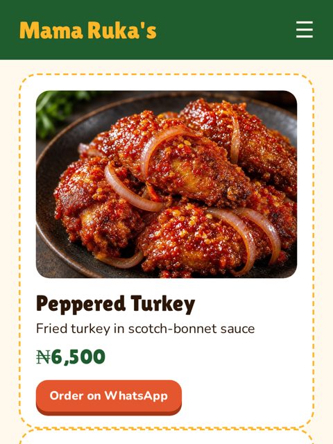 Phone view of the Mama Ruka's Kitchen demo website