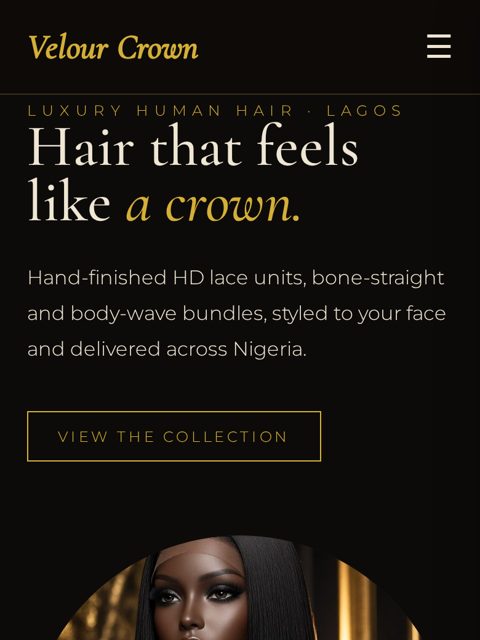 Phone view of the Velour Crown Hair demo website
